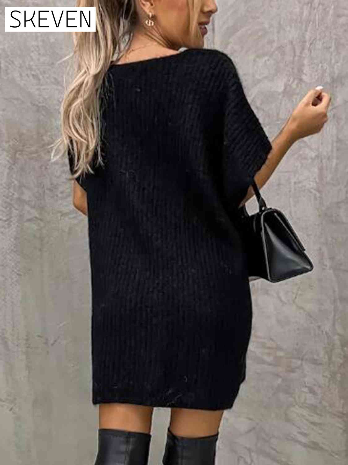 Short Sleeve Sweater Dress with Pockets A@Y@M clothes Ship From Overseas