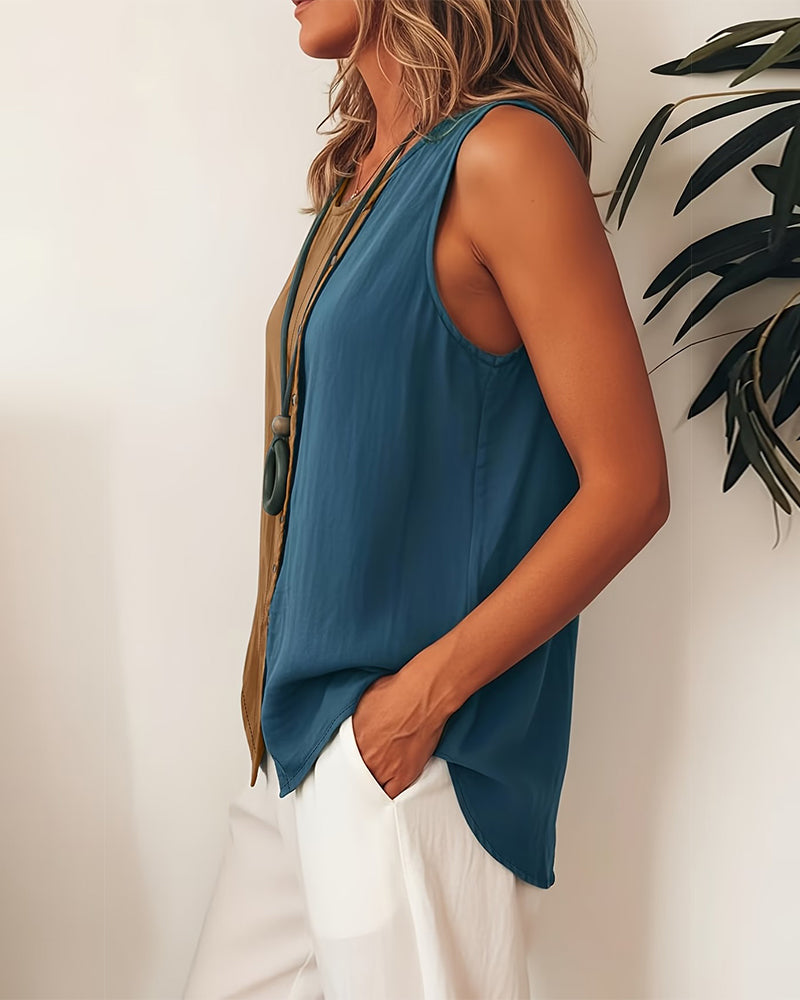 Color Block Sleeveless Linen Tank Top