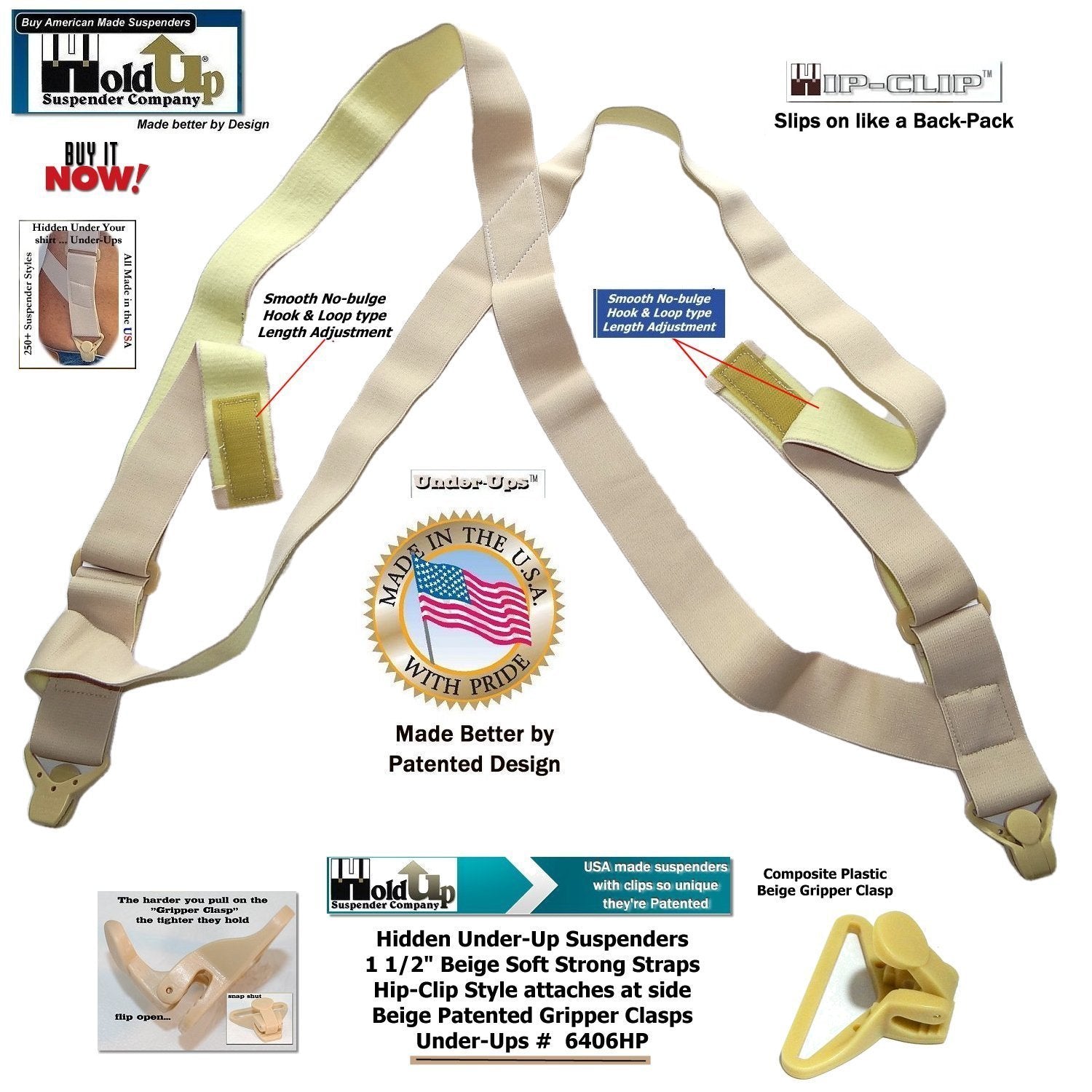 HoldUps Brand 1 1/2" Wide Under-Up Series Tan Invisible Undergarment Suspenders