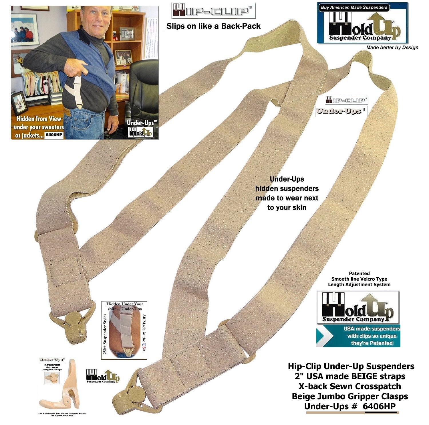 HoldUps Brand 1 1/2" Wide Under-Up Series Tan Invisible Undergarment Suspenders