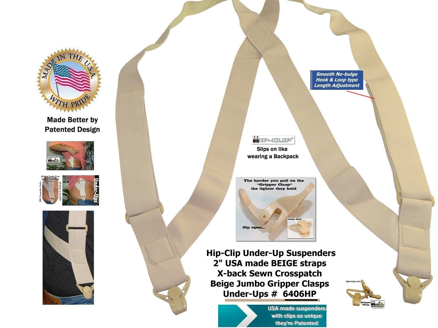 HoldUps Brand 1 1/2" Wide Under-Up Series Tan Invisible Undergarment Suspenders