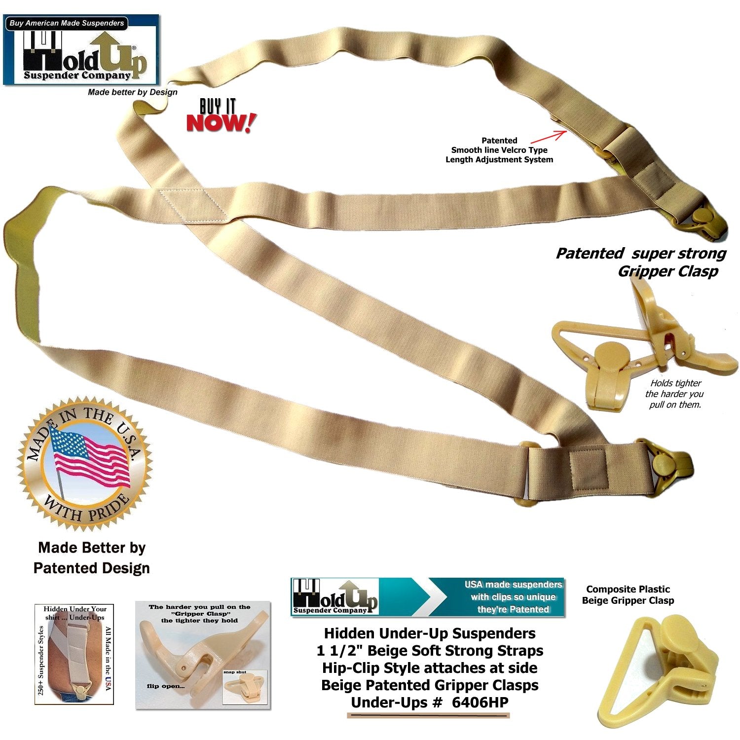 HoldUps Brand 1 1/2" Wide Under-Up Series Tan Invisible Undergarment Suspenders