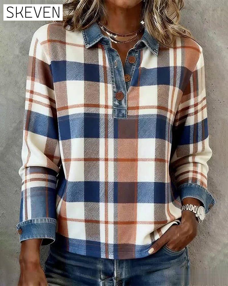 Lässige Jeansbluse mit Patchwork-Karomuster