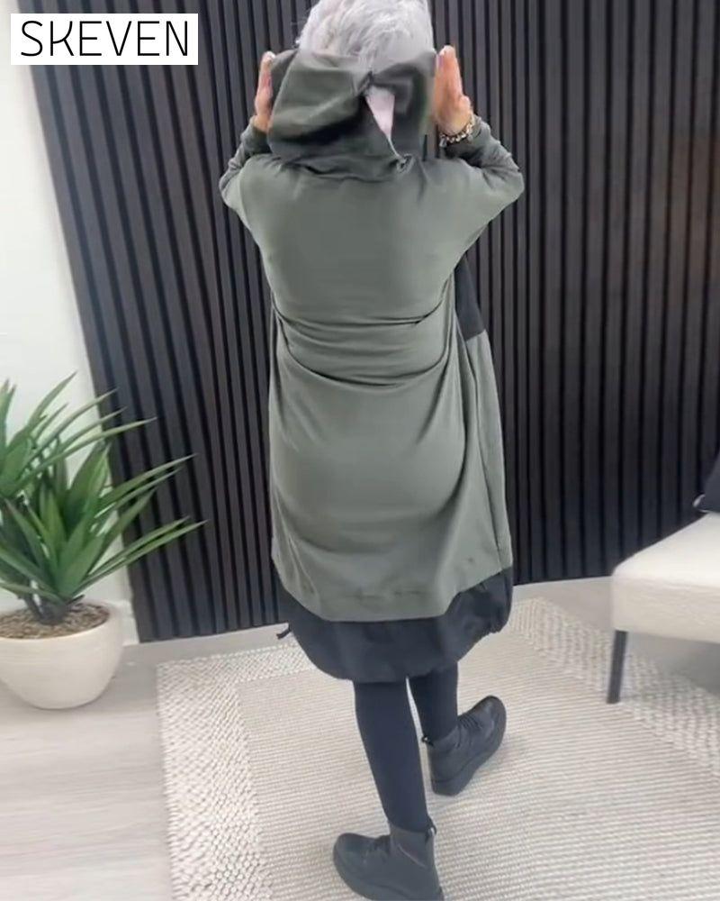 Casual color block letter print pocket hooded dress