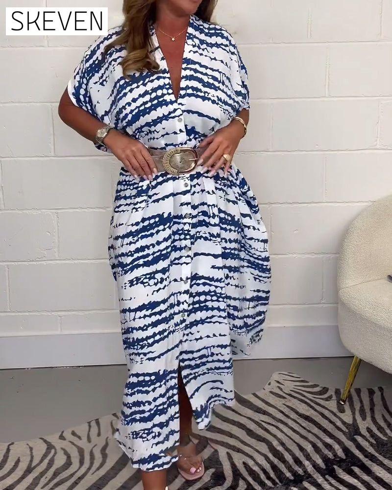 Printed V-neck buttoned loose long dress spring summer