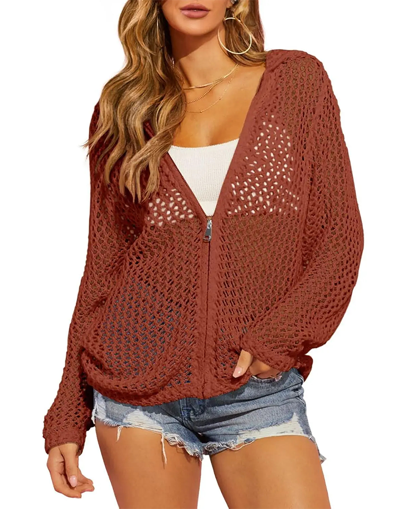 Zipper Hollow Mesh Long-Sleeve Coat