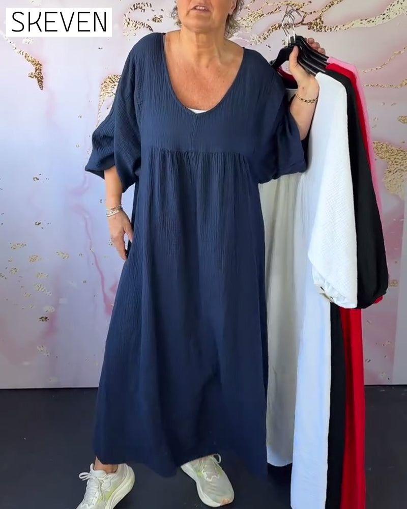 Kleid im Waldstil mit V-Ausschnitt, Falten und einfarbig