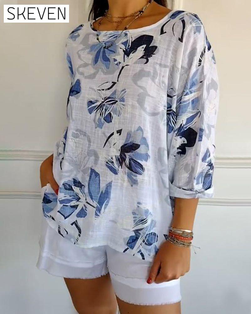 Round Neck Long Sleeve Printed Blouse