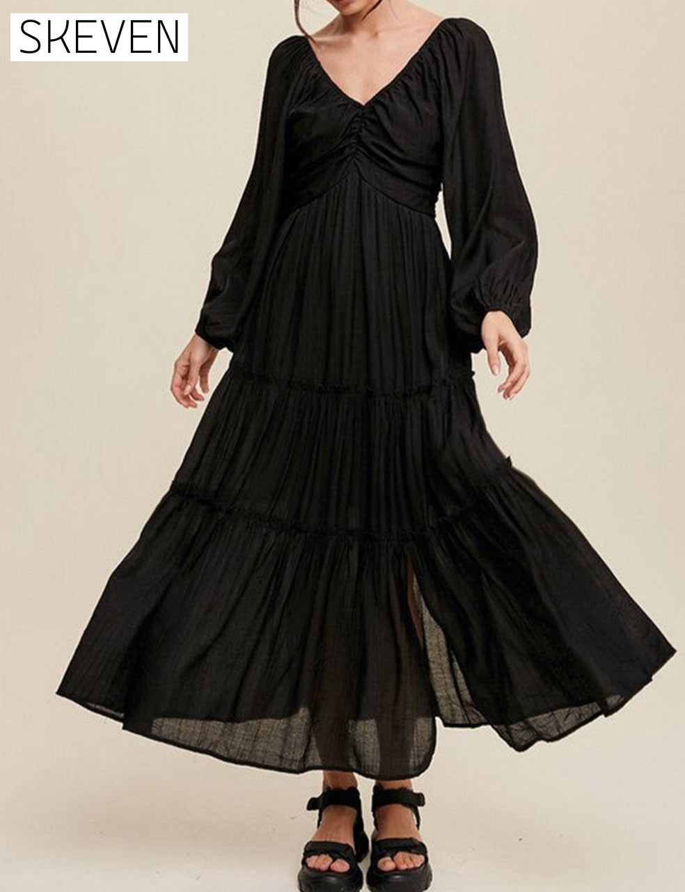 Black V Neck Bowknot Cutout Frill Tiered Maxi Dress All In Stock clothes dress dresses EDM Monthly Recomend Fabric Sheer long sleeve dress long sleeve dresses maxi dress maxi dresses Occasion Daily Print Solid Color Season Spring Silhouette A-Line Style Southern Belle