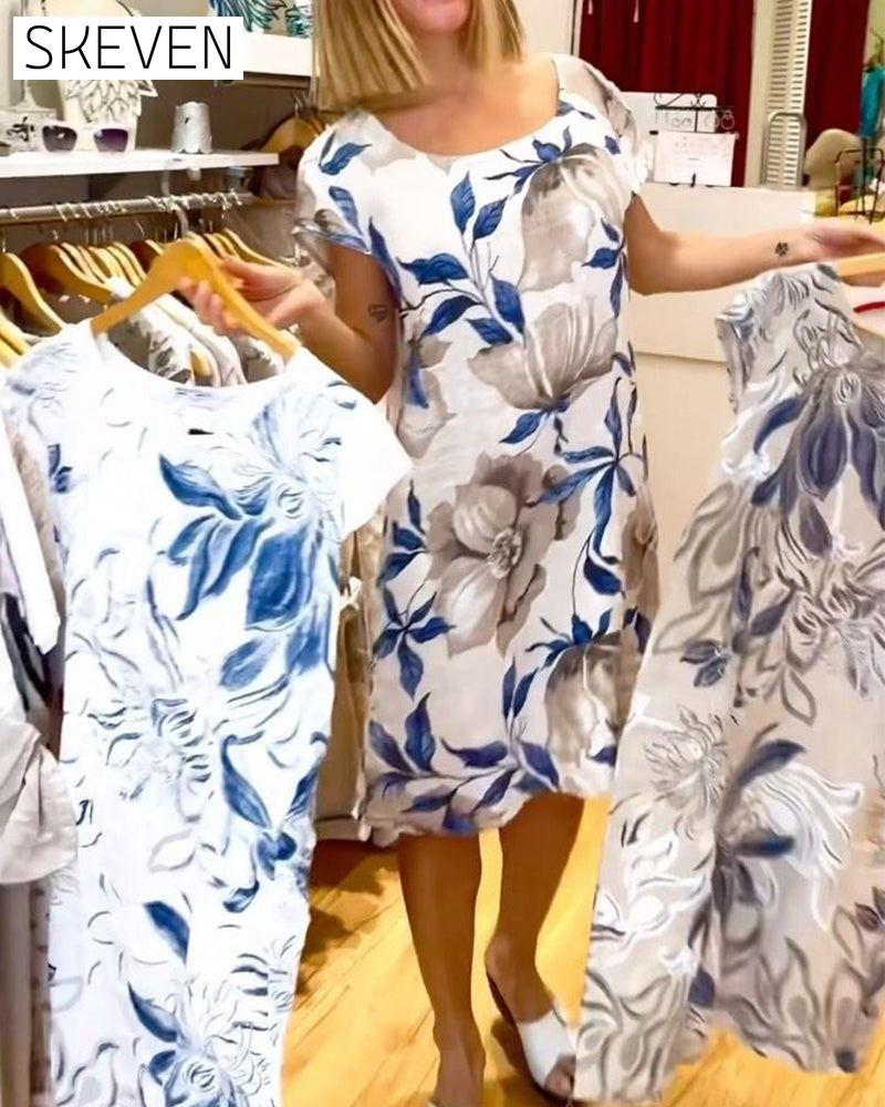 Elegant short-sleeved floral print dress