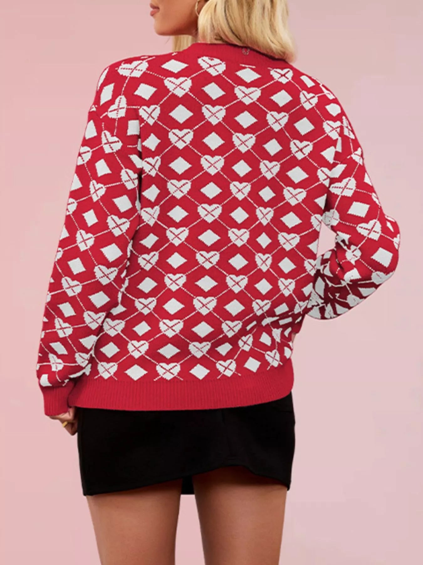 Heart Pattern Argyle Knit Long Sleeve Sweater