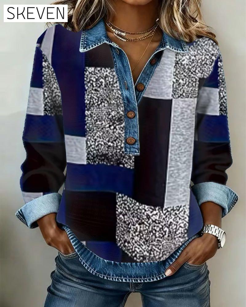 Freizeit-Sweatshirt mit Denim-Patchwork-Print