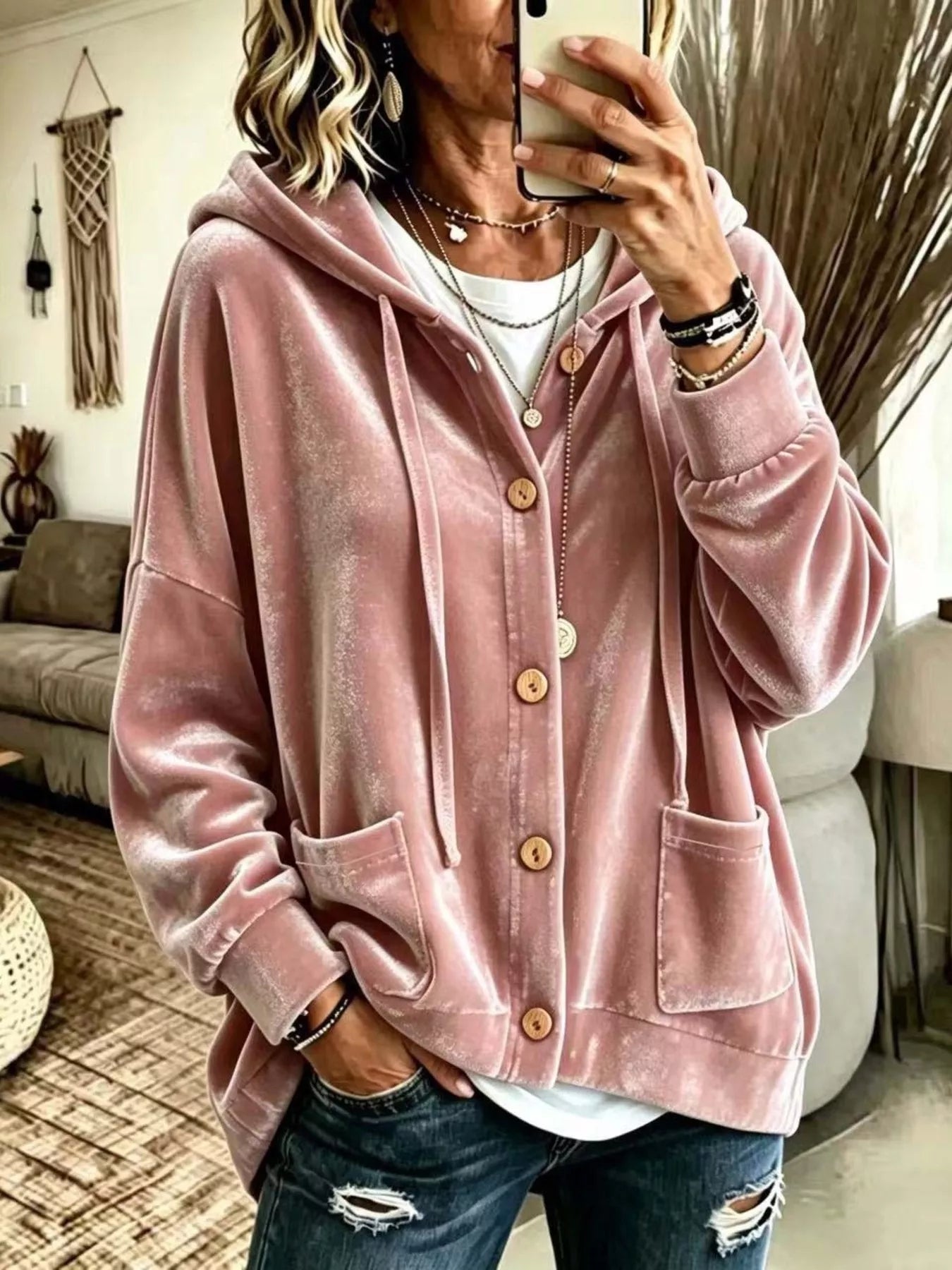 Full Size Casual Button-Down Hooded Outerwear Plus Size