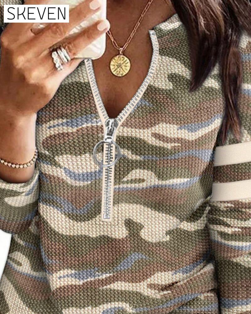 Half-Zip Camouflage Long-Sleeved Top