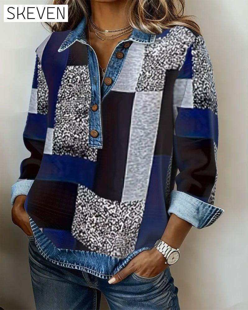 Freizeit-Sweatshirt mit Denim-Patchwork-Print