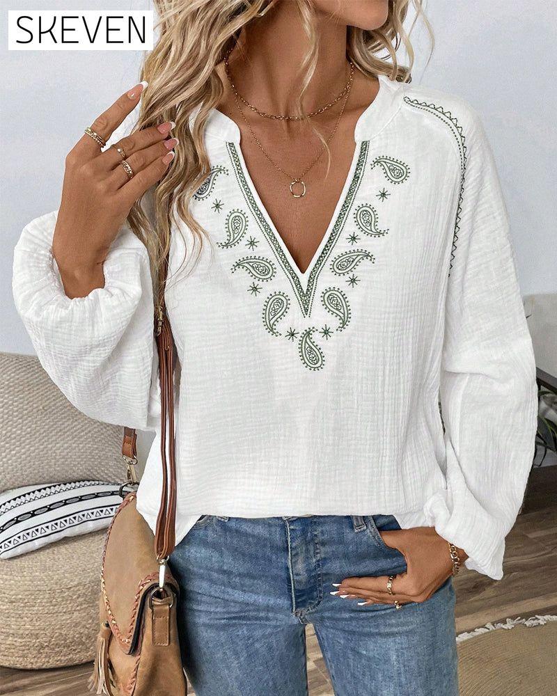 V-Neck Long-Sleeved Printed Casual Blouse