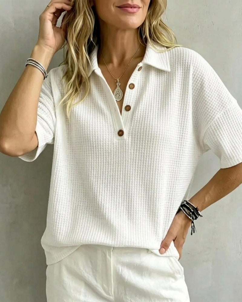 Button Front V-Neck Waffle T-Shirt