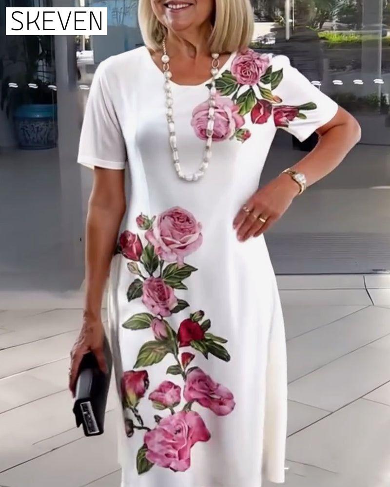 Short Sleeve Rose Print Shift Dress