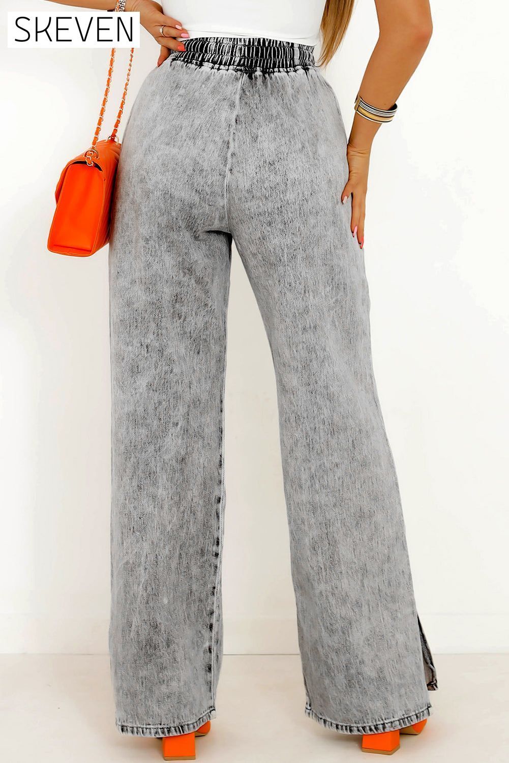 Medium Grey Drawstring Elastic Waist Wide Leg Jeans All In Stock bottom bottoms clothes Fabric Denim Jeans Occasion Daily Print Solid Color Season Winter Silhouette Wide Leg Style Casual Women's Bottoms