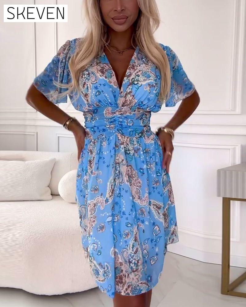 Vintage printed V-neck elegant dress