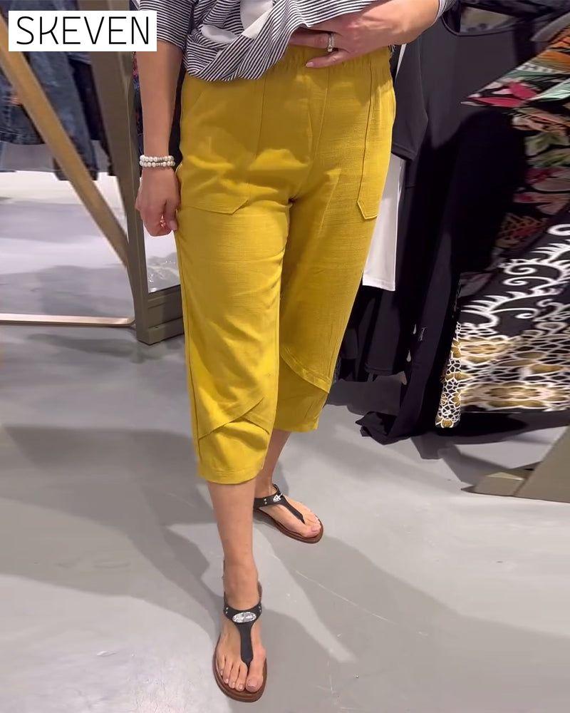 Pantalon court décontracté fuselé en coton et lin
