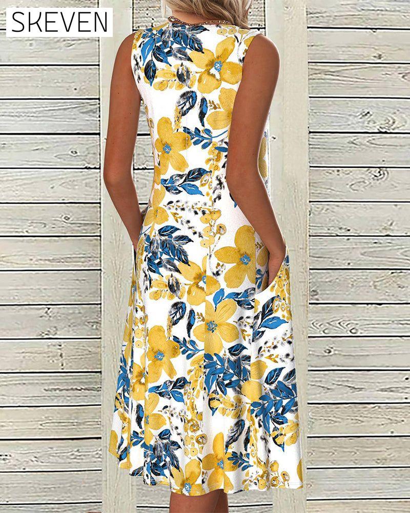 Floral print sleeveless pocket dress