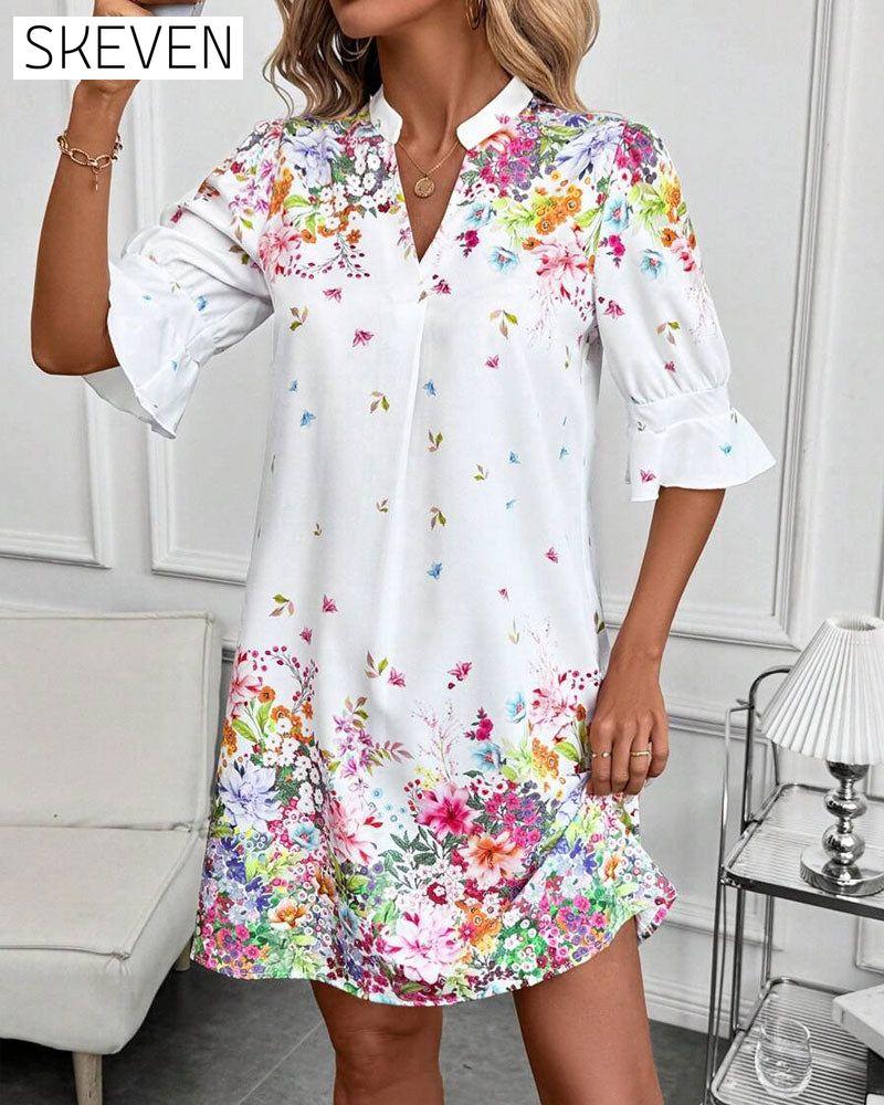 V-Neck Puff Sleeve Printed Dress