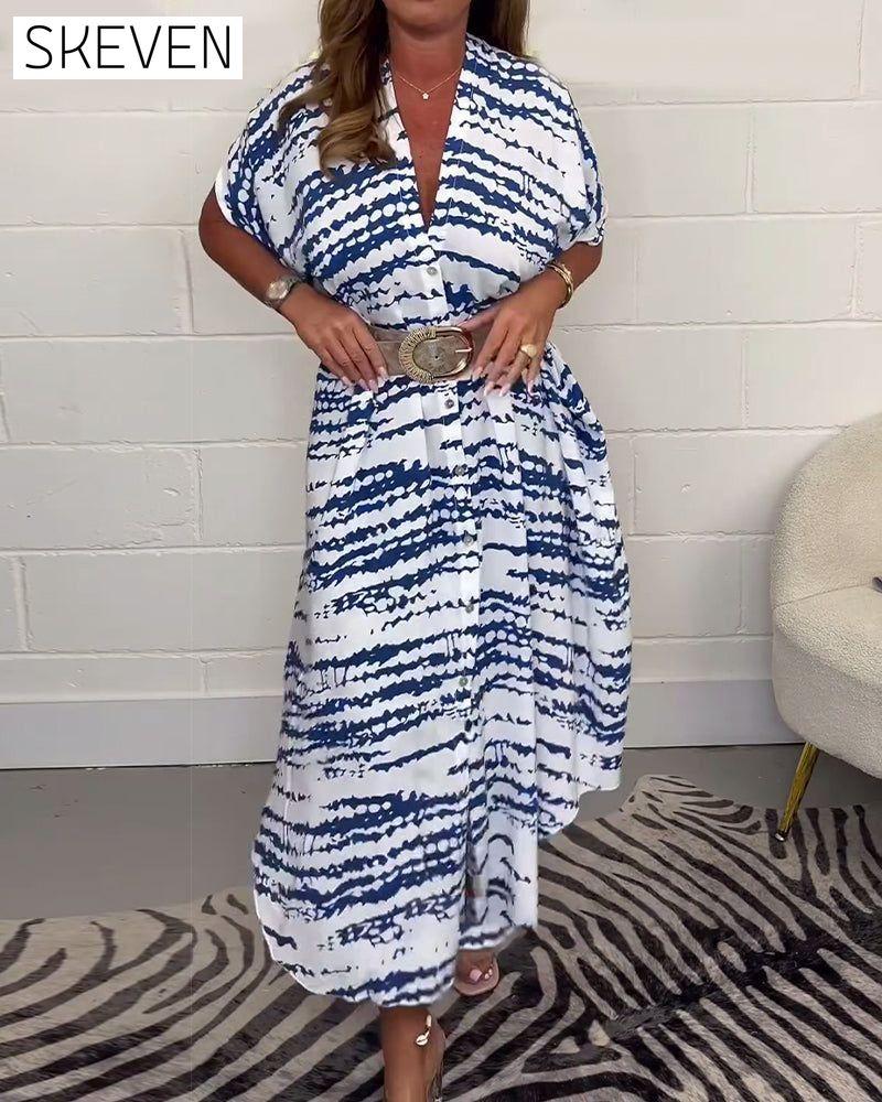Printed V-neck buttoned loose long dress spring summer