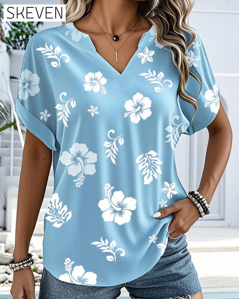V-Neck Casual Printed Short-Sleeved Blouse
