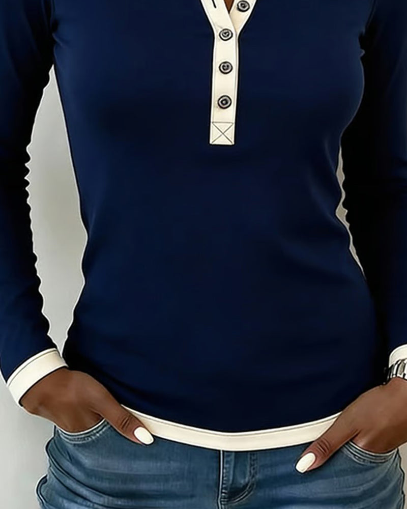 Contrast Button V-Neck Long-Sleeved Top