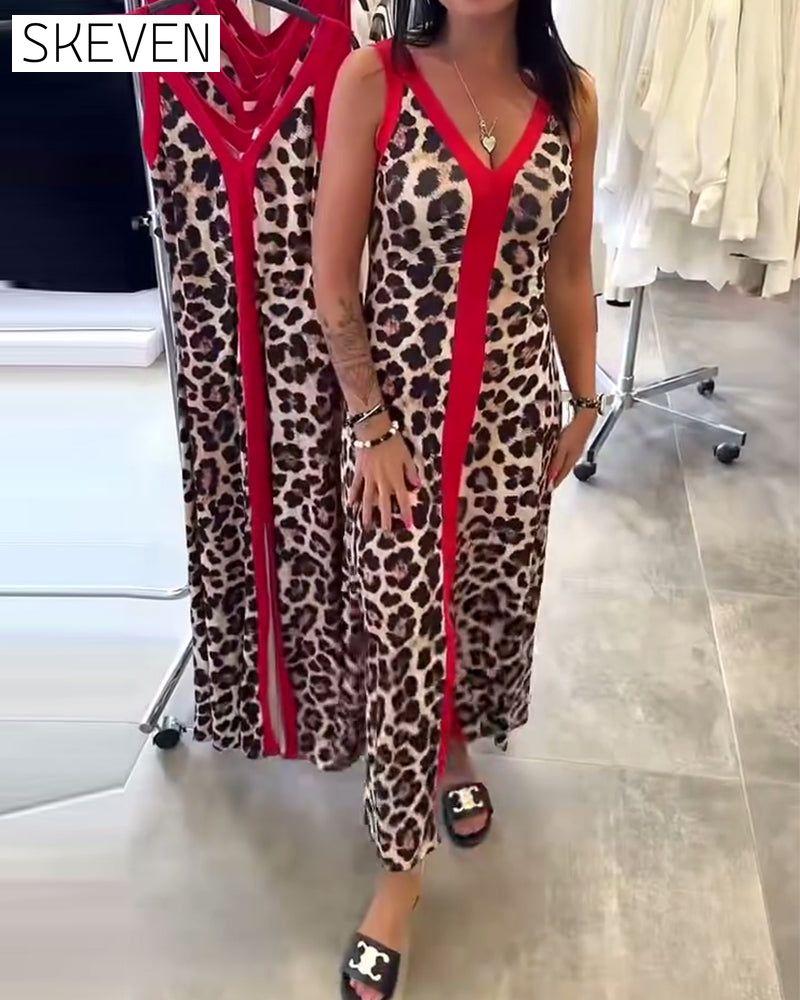 Sleeveless Elegant Leopard Print Contrast Dress