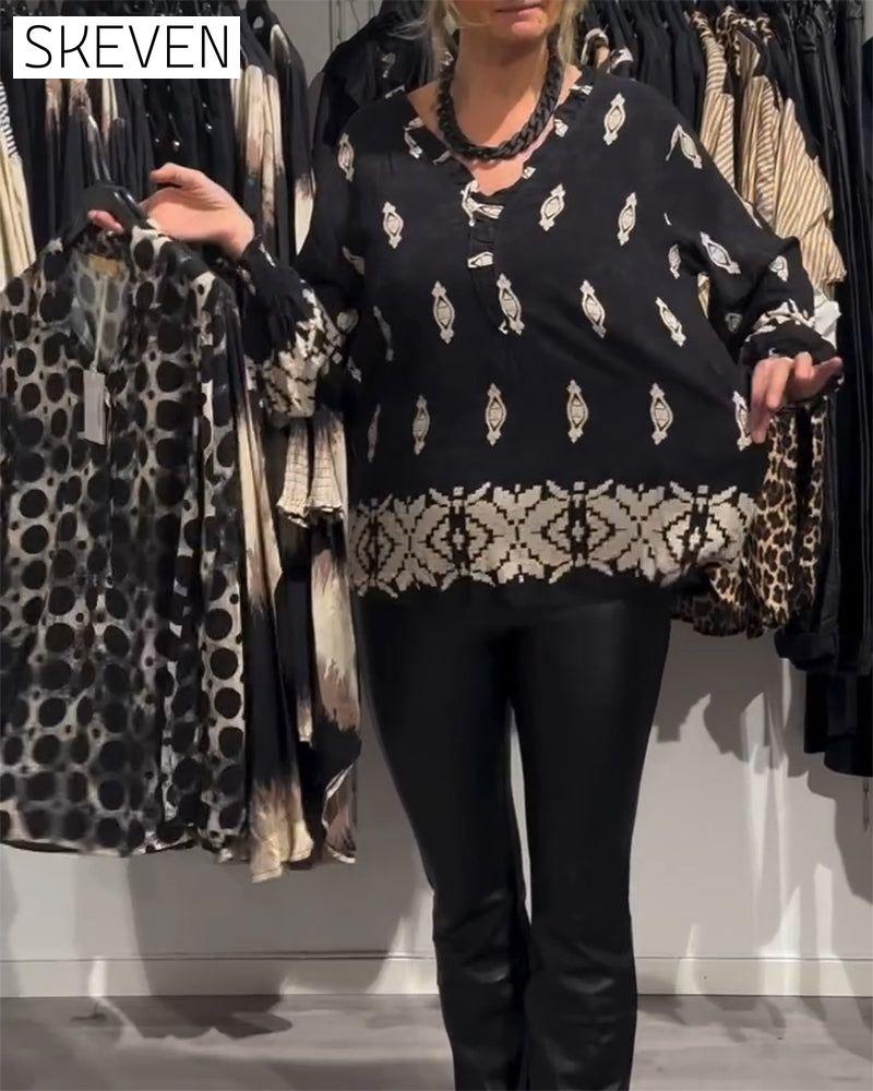 chemise imprimée à col en V et manches lanternes