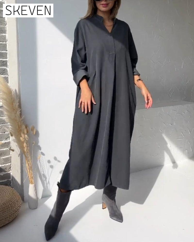 V-neck solid color pocket dress
