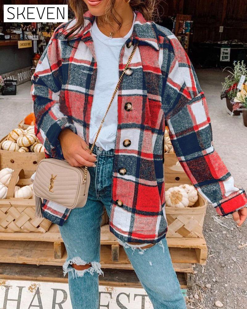 Casual plaid print button lapel jacket