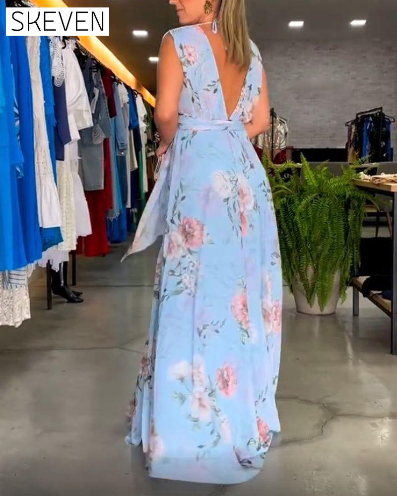 Floral print V-neck elegant sleeveless dress