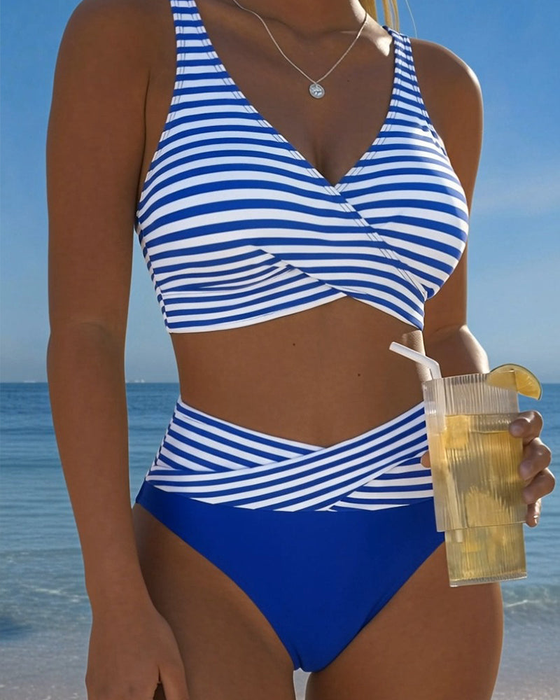 Cross-Striped Color-Block Bikini