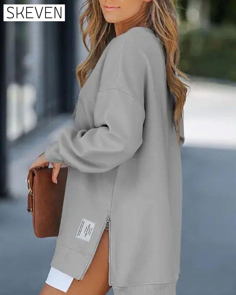 Long Sleeve Pullover Zipper Slit Casual Sweatshirt Dress