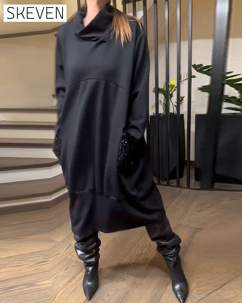 Paillettenbesetztes Sweatshirtkleid mit hohem Kragen und Taschen in Übergröße (Plus Size)