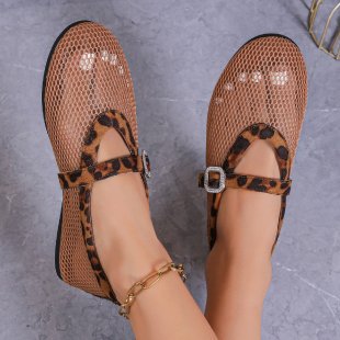 Round Head Rhinestone Buckle Mesh Hollow Out Mary Jane Women's Shoes