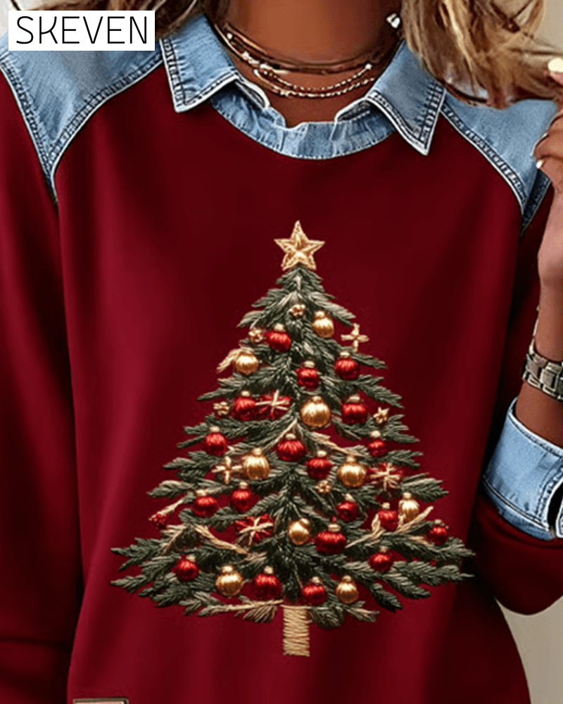 Denim Patchwork Christmas Print Sweatshirt