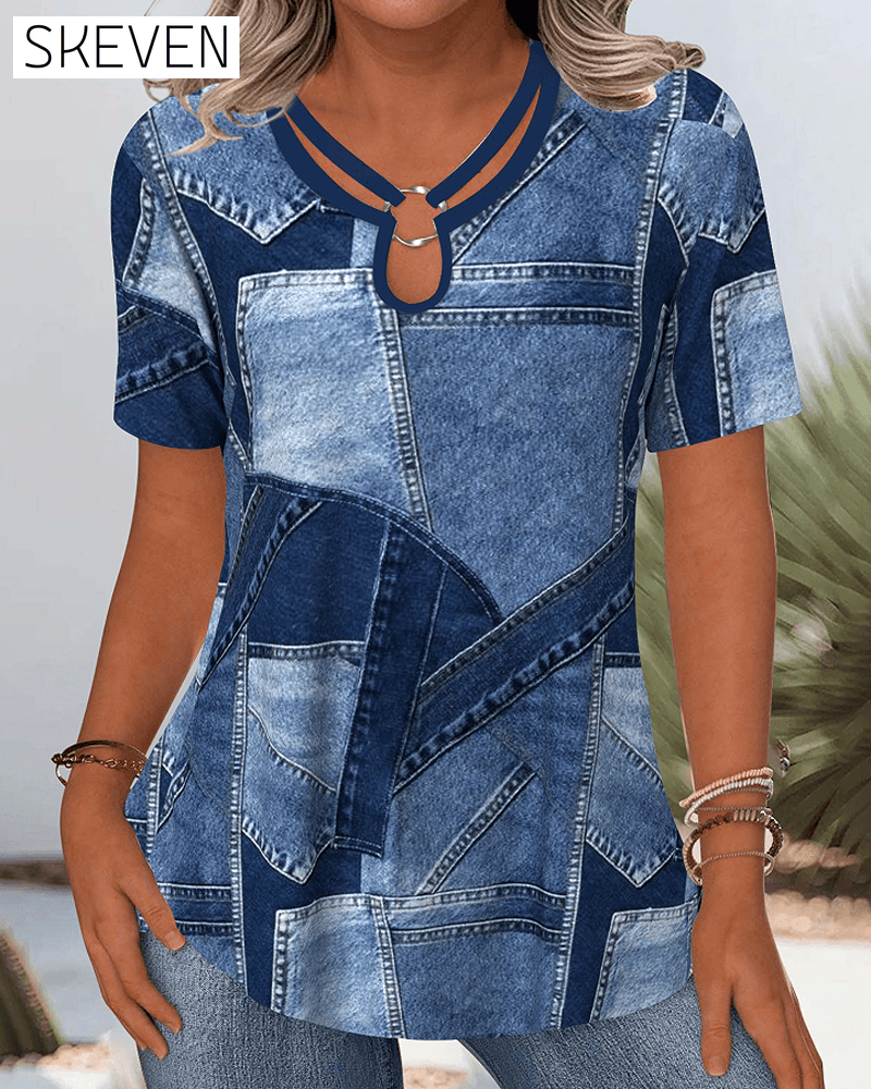 Vintage-Denimbluse mit Kontrastausschnitt