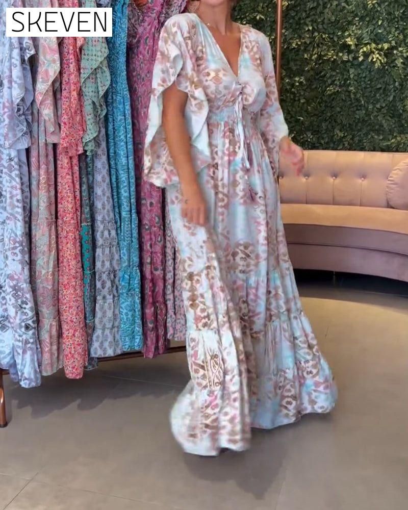 Langes Kleid mit V-Ausschnitt und Schmetterlingsärmeln, bedruckt