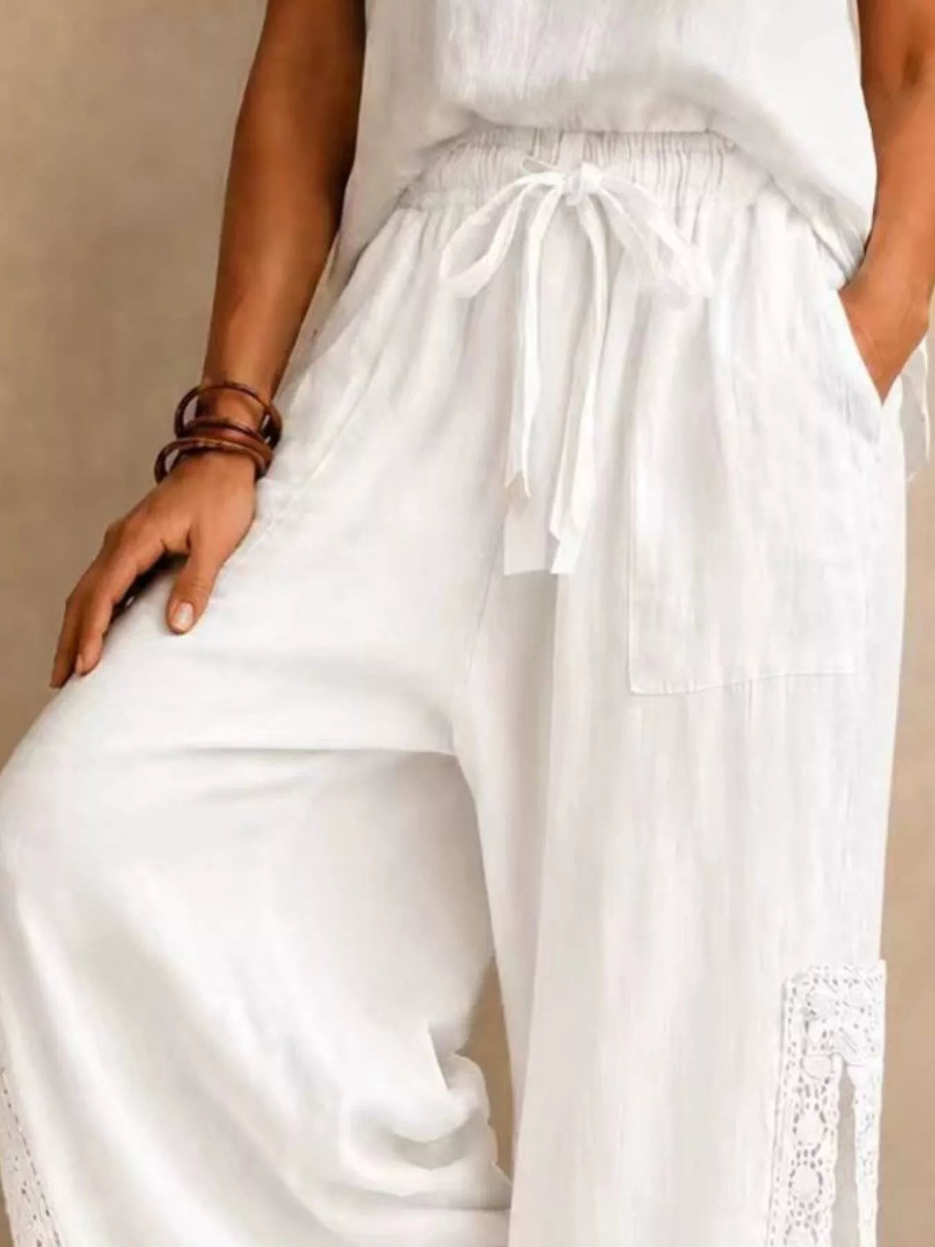 Lace Detail Slit Wide Leg Pants