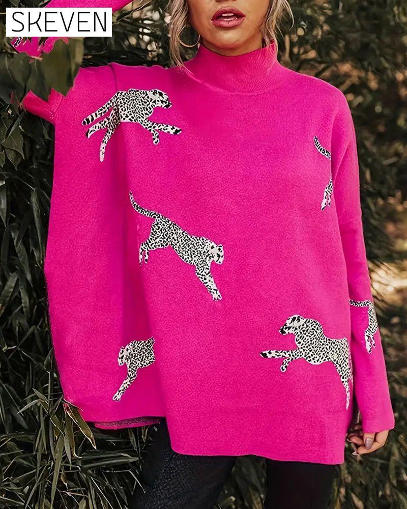 Stylish loose high neck leopard print pullover