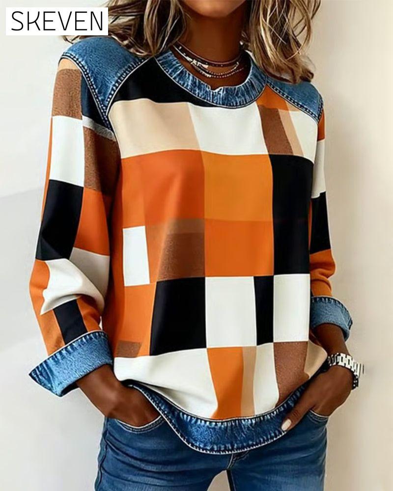 Plaid Patchwork Contrast Color Sweatshirt