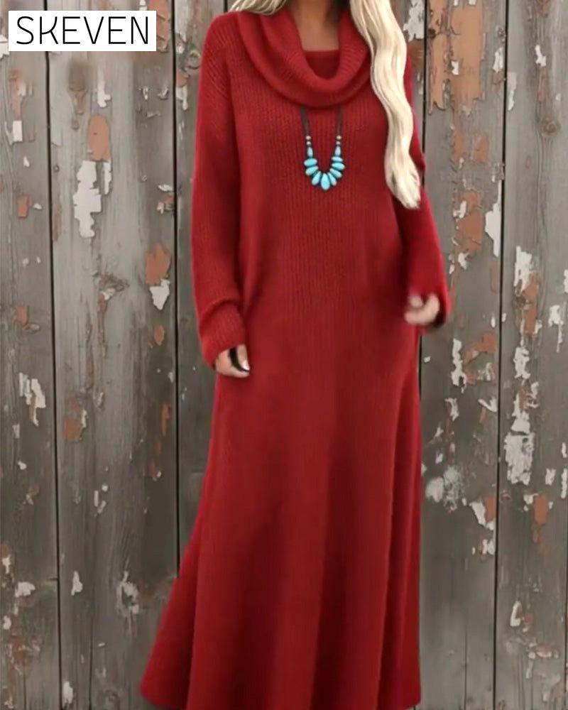 Stilvolles Kleid in Unifarbe mit hohem Kragen