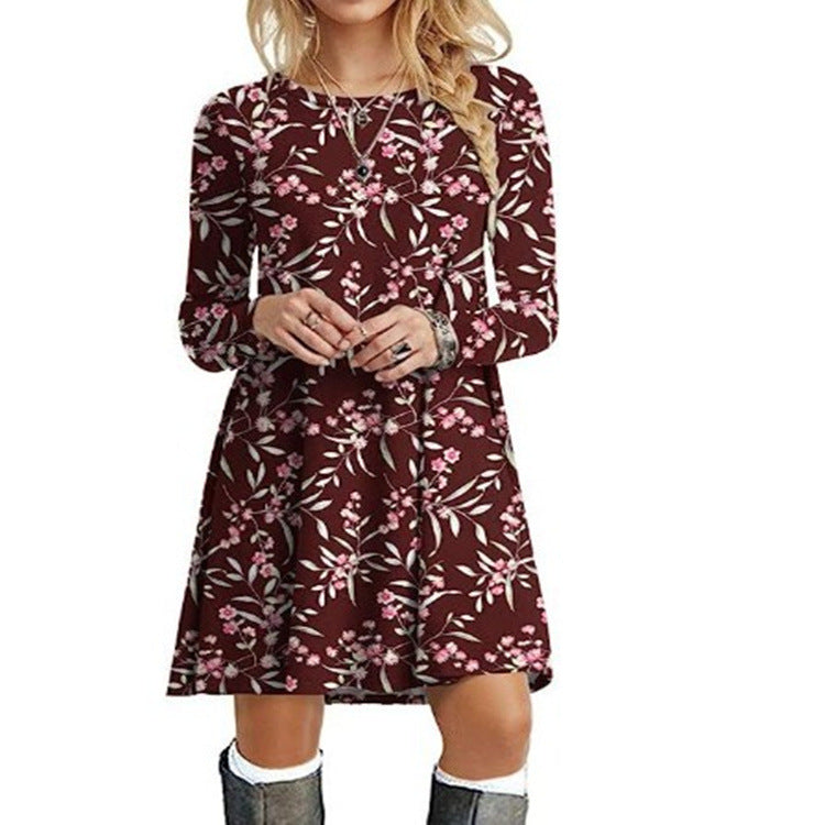 Casual Floral Print Round Neck Long Sleeve Holiday Dress