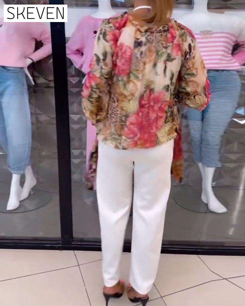 V-Neck Floral Print Blouse