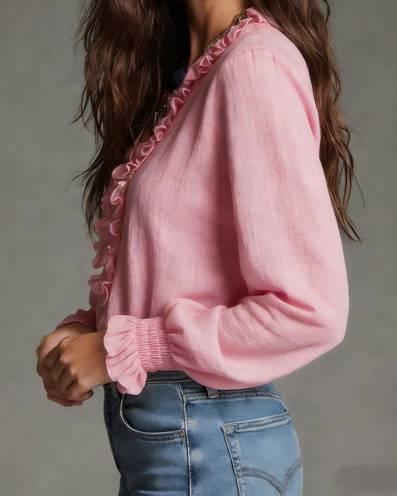 Half-Zip Ruffled Elegant Blouse