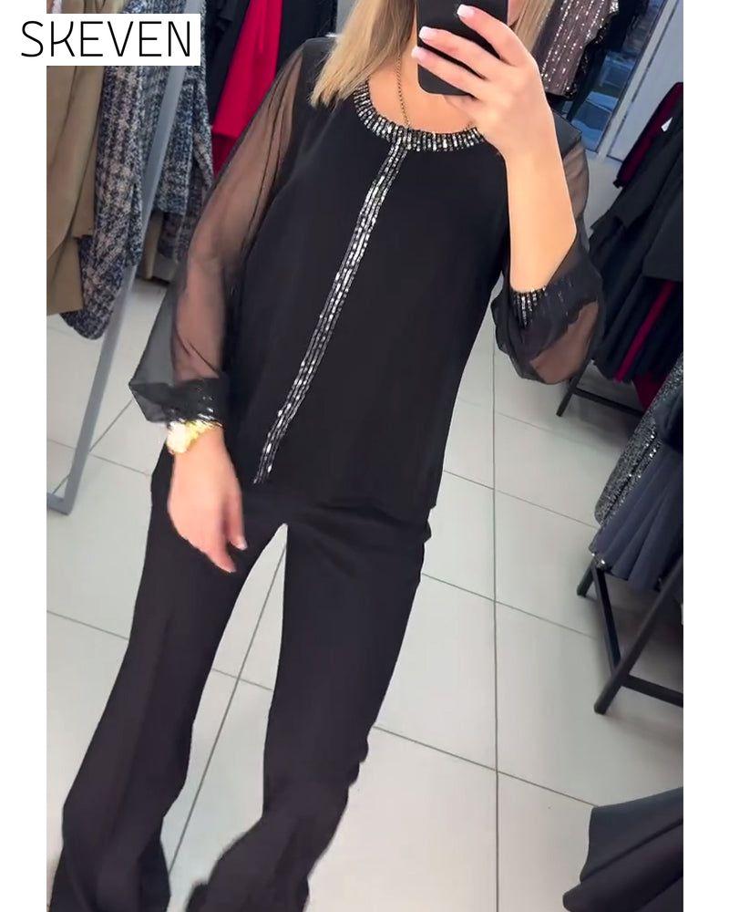 Sequin Panel Long Sleeve Blouse